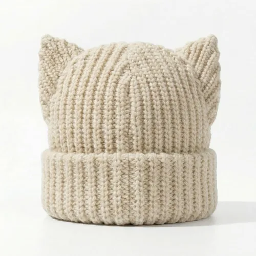 Vista 3 de Cat Ear Beanie Y2K Cute Knit Hat with Ears Warm Crochet Hat Skull Cap for Women Men Beige