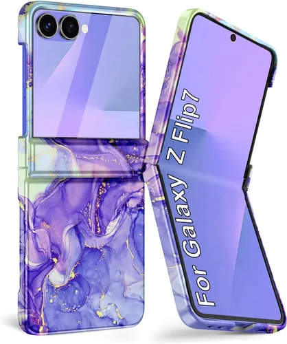 Vista 18 de Btscase Funda para Samsung Galaxy Z Flip 6, protector de pantalla frontal integrado, patrón de mármol dorado con purpurina de policarbonato duro