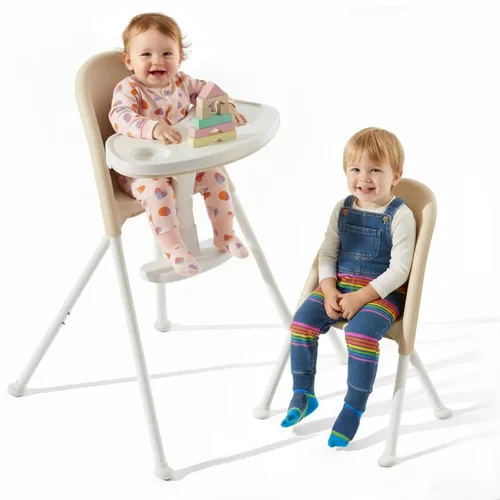 Vista 9 de Mallify Silla alta plegable, silla alta portátil para bebé que ahorra espacio con doble bandeja extraíble, moderna silla convertible para bebés