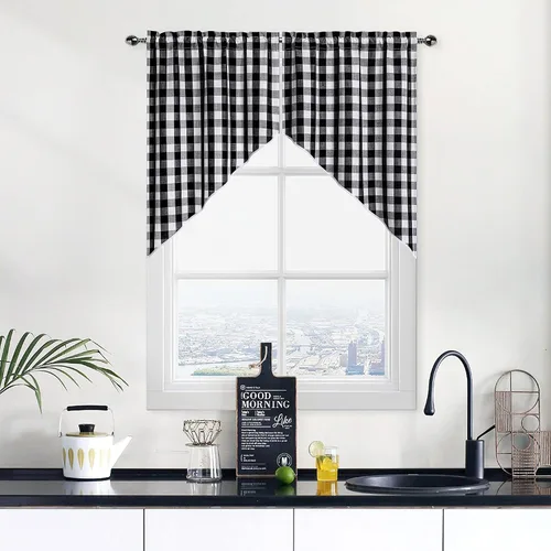 Vista 29 de Cortinas de Cocina Estilo Granja de Cuadros Vichy Blanco y Negro de 24 Pulgadas de Largo, Cortinas de Café de Media Ventana de Cuadros Buffalo