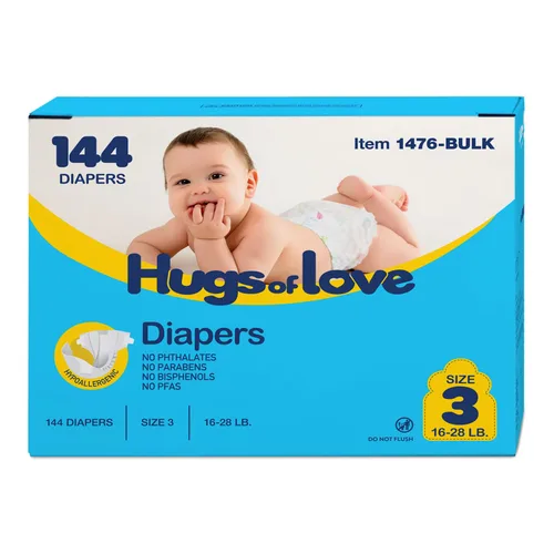 Vista 9 de Dynarex Hugs-of-Love Pañales talla 2 (12-18 lb) Pañales para bebé, alta absorción, protección contra fugas, comodidad suave, 152 pañales por caja