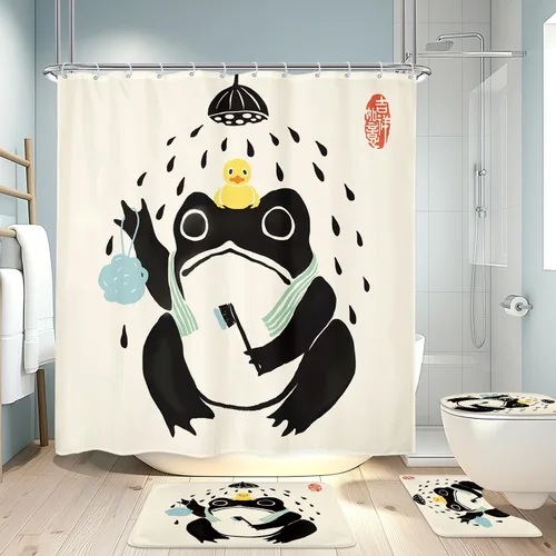 Vista 30 de Juego Divertido de Cortina de Rana Retro para Ducha, Juego de Baño 48x71 Pulgadas, Estilo Asiático Lindo, Arte Japonés Tradicional de Pato de Goma