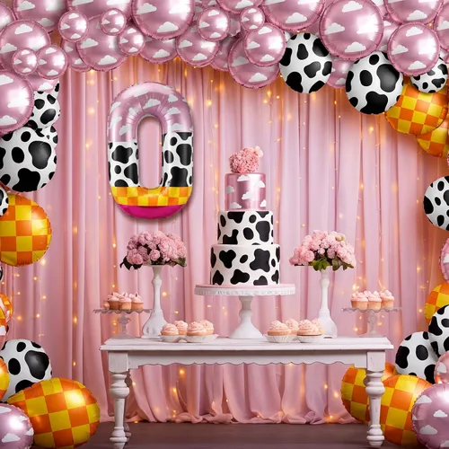 Vista 4 de Globo número 0 de 40 pulgadas con nubes rosadas, diseño de tatuajes, globos de papel de aluminio de números grandes para fiesta temática de granja