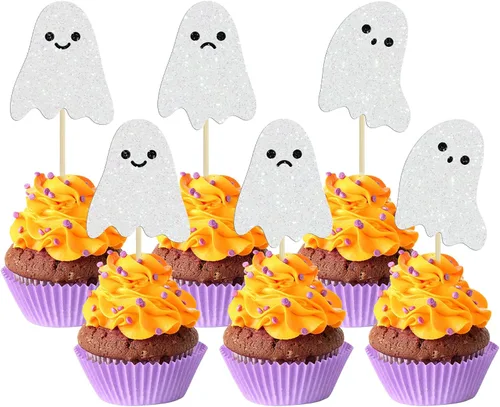 Vista 33 de 24 piezas de decoración de magdalenas Ghost One con purpurina para Halloween, fantasma, para magdalenas, decoración de magdalenas, fantasma, uno