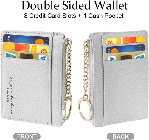 Vista 58 de URAQT Cartera para tarjetas de crédito, cartera minimalista de cuero delgado con cremallera, mini protector de tarjeta de crédito, llavero bolsillo