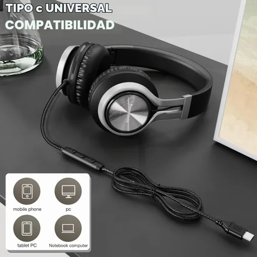 Vista 7 de Bywulanda - Auriculares USB C con micrófono, cable sobre la oreja para la escuela Volume Control, HD Stereo Sound, Comfortable Fit, Wired Foldable