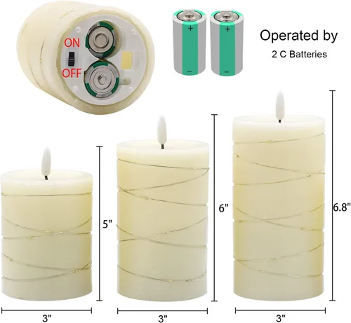 Vista 2 de Velas sin llama parpadeantes con luz de cadena y temporizador remoto, juego de 3 velas de columna operadas con baterías, cera real, mecha 3D, luz