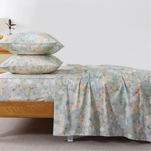 Vista 33 de FADFAY Juego de sábanas tamaño King, sábanas de algodón percal rosa floral con bolsillo profundo, ropa de cama vintage lujosa azul con estampado