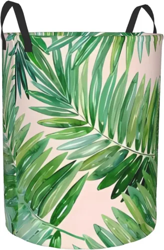 Vista 2 de Cesta de lavandería con hojas de palmera, organizador circular con asas para baño, dormitorio