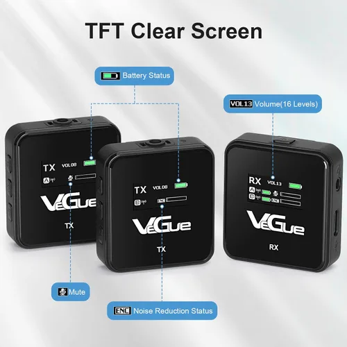 Vista 5 de VeGue Sistema de micrófono inalámbrico Lavalier, micrófono de solapa inalámbrico de doble canal de 2.4 GHz con cancelación de ruido para cámaras