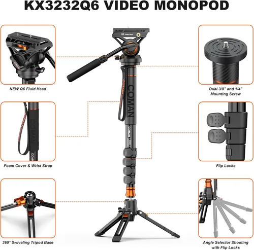 Vista 12 de Monopod de cámara profesional con pies, monopie de video de viaje portátil de aluminio de 73.2 pulgadas con base de trípode extraíble, carga máxima