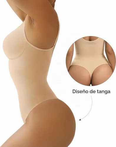 Vista 2 de SHAPERX Body de tanga con control de abdomen para mujer, sin costuras, cintura Tanga beige.