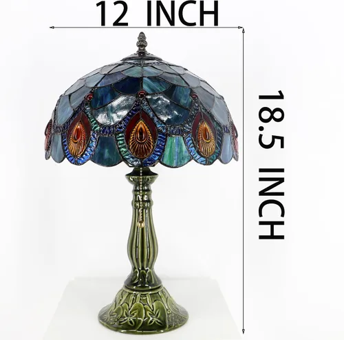 Vista 3 de Tiffany Style Stained Glass Table Lamp 18.5 Inch - Blue Peacock Tail 12X12X18.5 Inch, E26 Bulb Base，Pull Chain Switch, Ceramic Base, Bedside