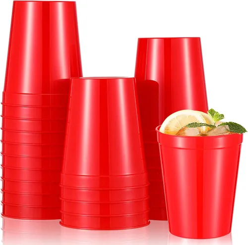Vista 9 de Mifoci 24 vasos de plástico para estadios en blanco, reutilizables, apilables, para fiestas de cumpleaños, bodas, Mardi Gras (16 onzas, negro)