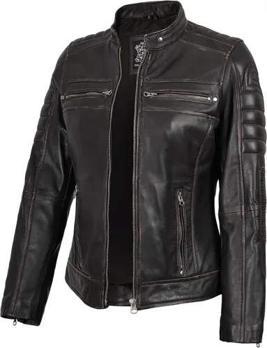 Vista 7 de Decrum Chaquetas de cuero de piel de cordero real Cafe Racer para mujer Negro