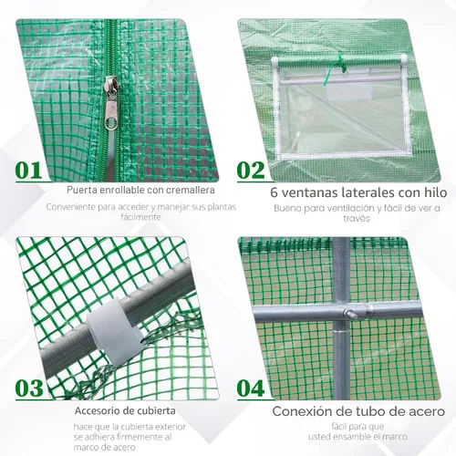 Vista 4 de Outsunny - Invernadero al aire libre de 11.5' x 10' x 6.5', diseño de túnel, con ventanas enrollables, puerta con cremallera, cubierta de PE Verde