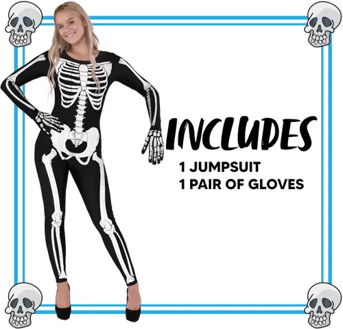 Vista 5 de Spooktacular Creations Disfraz de esqueleto para mujer adulta disfraz de esqueleto que brilla en la oscuridad overol para Halloween fiesta juego
