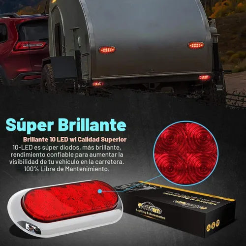Vista 3 de Partsam 2 piezas de luces LED de 6" ovaladas cromadas para camión con remolque, rojas, 10 LED, montaje en superficie, luces traseras de parada, giro