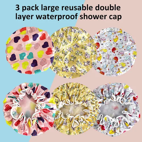 Vista 2 de Gorro de ducha para niños, paquete de 3 gorros de ducha grandes, reutilizables, de doble capa, impermeables, de plástico lavable, gorro de ducha