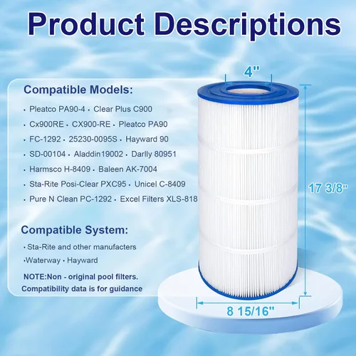 Vista 2 de Cartucho de filtro de piscina certificado NSF compatible con Hayward C900, CX900RE, Pleatco PA90, Unicel C-8409, Filbur FC-1292, Sta-Rite PXC95