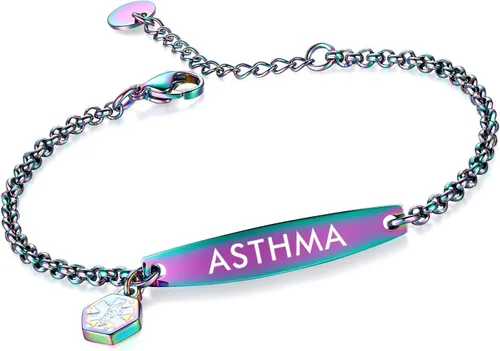 Vista 104 de LinnaLove - Pulsera de identificación de alerta médica con cadena Rolo simple pregrabada para mujer
