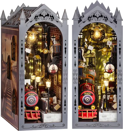 Vista 12 de Spilay Kit de rincón de libros para adultos, kit de casa de muñecas en miniatura con luz LED, rompecabezas de madera 3D, decoración creativa