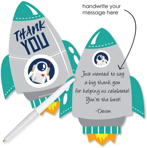 Vista 2 de Big Dot of Happiness Blast Off to Outer Space - Tarjetas de agradecimiento con sobres en forma de barco cohete para baby shower o fiesta
