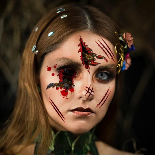 Vista 5 de Tatuajes temporales de Halloween, Día de los Muertos, calcomanías de tatuaje de ojos sangrientos, 10 hojas de tatuajes falsos para decoración