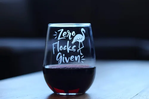 Vista 2 de Zero Flocks Given - Divertida copa de vino sin tallo de flamenco, grande de 17 onzas, refranes grabados, caja de regalo