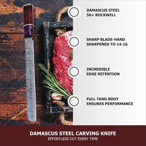 Vista 3 de Cuchillo de chef de Damasco hecho a mano de 14 pulgadas, cuchillo de pechuga y tallado con hoja de espiga completa y mango de madera, cuchillo