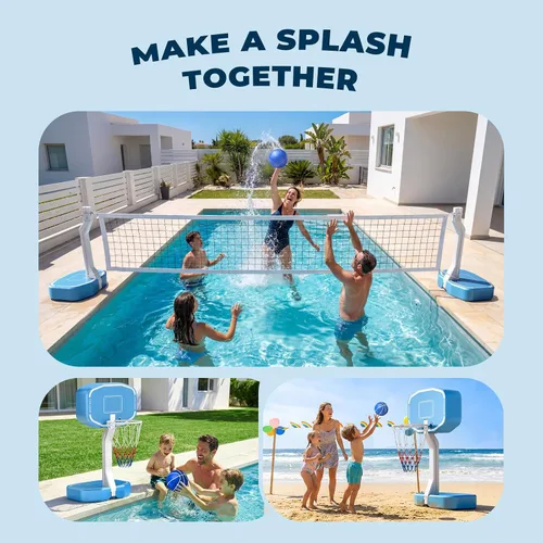 Vista 5 de Pool Volleyball Net&Pool Basketball Hoop 2 in 1,Pool Volleyball Net for Inground pools,Pool Basketball Hoop Poolside with Base&Stand，Includes 3