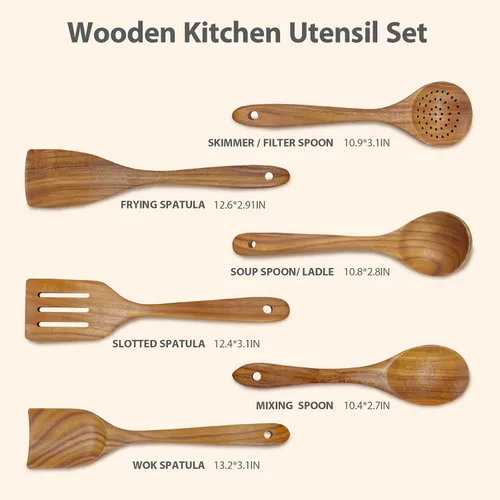 Vista 3 de Juego de utensilios de madera de teca de 6 piezas, cucharas de madera de agarre cómodo para cocinar, juego de utensilios de cocina de madera