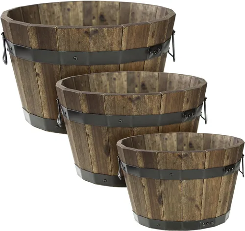 Vista 21 de Juego de 3 cajas de flores de madera para exteriores, macetas de barril de madera de acacia duraderas para plantas al aire libre con asas