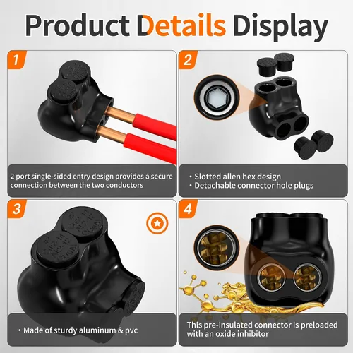 Vista 3 de Joinfworld Conector de Derivación Múltiple Aislado de 2 Puertos 2-14AWG Conectores de Cable de Aluminio a Cobre Conectores de Cable Eléctrico Negro