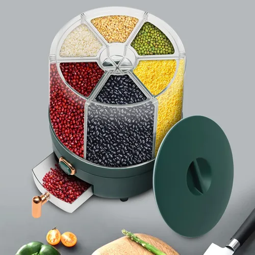 Vista 4 de PERFERATE Dispensador de granos de 6 rejillas, contenedor de arroz giratorio de 360°, dispensador de cereales, contenedor de almacenamiento
