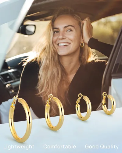 Vista 4 de Wowshow - Arracadas para mujer, aretes gruesos huecos chapados en oro de 14quilates