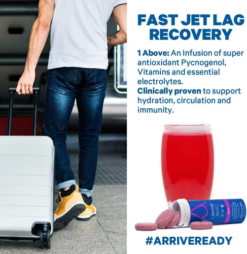 Vista 5 de 1Above Jet Lag Relief Tablets - Multivitamínico efervescente con sabor a bayas con Pycnogenol Suplemento de viaje para hidratación, energía, apoyo