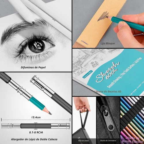 Vista 4 de Soucolor Paquete de 73 suministros de arte para adultos, regalos de artistas, suministros escolares, lápices de dibujo con cuaderno de bocetos