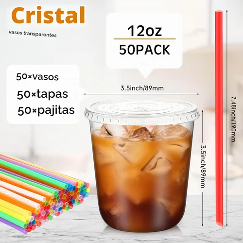 Vista 3 de Ziliny - Paquete de 50 vasos de plástico de 12 onzas con tapas, pajitas