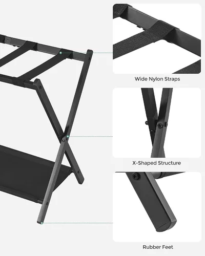 Vista 6 de SONGMICS Portaequipajes para habitación de invitados, soporte para maleta con estante de almacenamiento, marco de acero, plegable para un fácil Negro