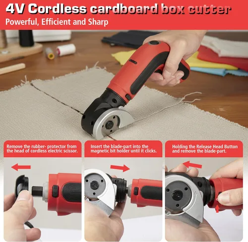 Vista 4 de KITLUCK Tijeras eléctricas inalámbricas, cortador de caja de cartón recargable de 4 V, cortador de caja eléctrico de iluminación con una hoja