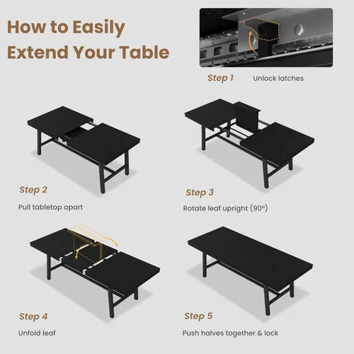 Vista 5 de GarveeHome Mesa de comedor extensible de 63 a 83 pulgadas, mesa de comedor rectangular industrial para 6-8 personas, mesa de cocina expandible