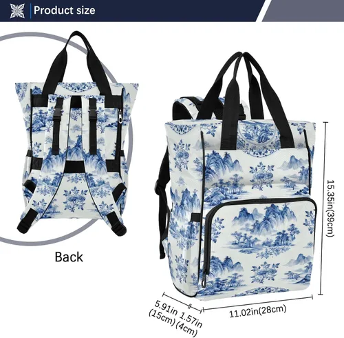 Vista 3 de Mochila para pañales azul y blanco, multifunción con bolsillos aislados para botellas, bolsa de bebé de viaje de nailon impermeable con correas