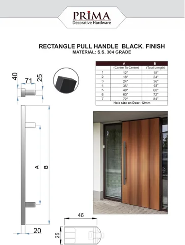 Vista 4 de Prima Decorative - Tirador de puerta rectangular de acero inoxidable de 72 pulgadas, mango de barra de montaje lateral trasero a trasero