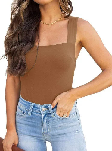 Vista 95 de Reoria - Camiseta sin mangas sexy tipo body con escote cuadrado para mujer, ropa para discoteca