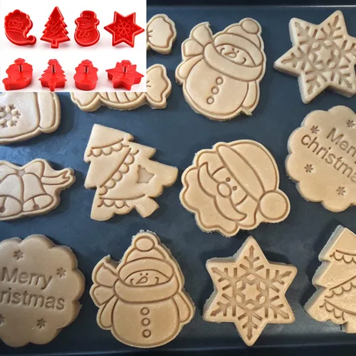 Vista 5 de Juego de 4 moldes de galletas navideñas, cortadores de galletas de Navidad para hornear, cortador de émbolo de pastel de galletas 3D