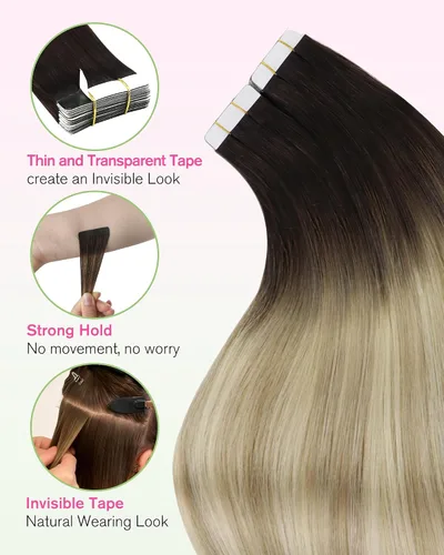 Vista 39 de YoungSee Extensiones de Cabello Humano con Cinta Balayage Extensiones de Cabello con Cinta Marrón Oscuro Extensiones de Cabello con Cinta Ombre