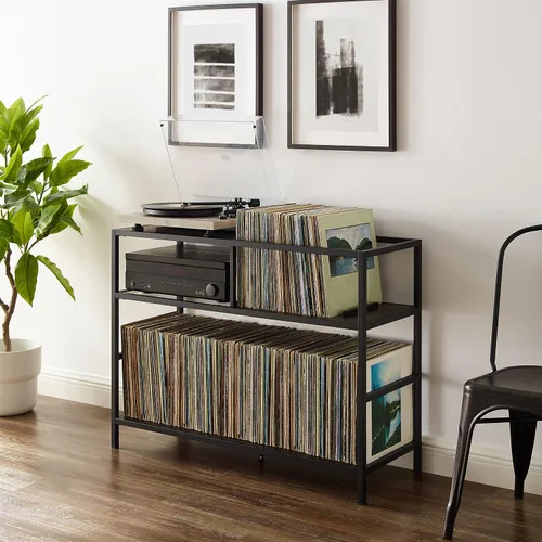 Vista 5 de Crosley Furniture Provo - Soporte para tocadiscos con almacenamiento para discos de vinilo, negro mate/marrón