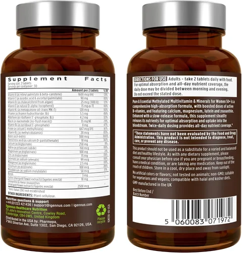 Vista 9 de Igennus Multivitamínico metilado para mujeres de 50 años, calcio y magnesio para apoyo óseo, liberación sostenida y vitaminas B activas, fórmula sin