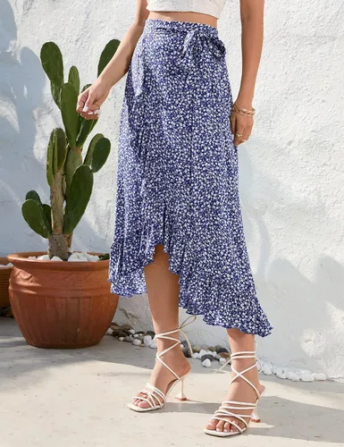 Vista 7 de KOJOOIN Faldas bohemias de cintura alta con nudo de lazo para mujer, con estampado floral, dobladillo con volantes divididos, falda midi